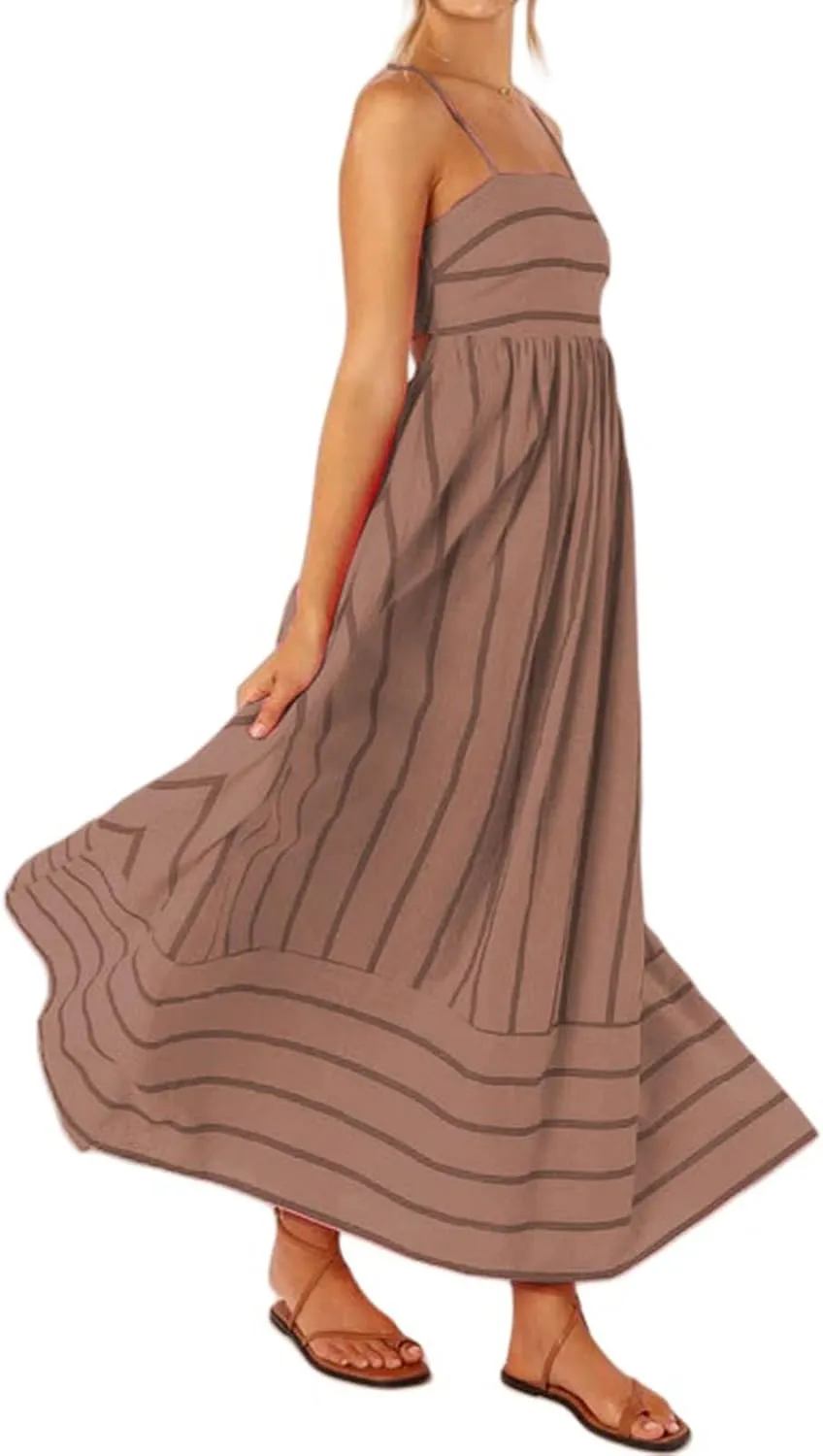 Kubbon Maxi Dress for Women Sleeveless Striped Sundress Spaghetti Strap Boho Long Dresses Flowy Swing Beach A Line Dress