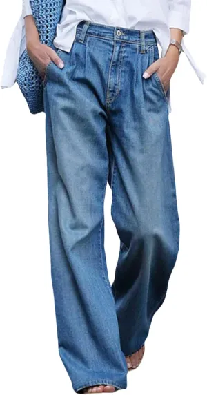 Kubbon Women Wide Leg Jeans Baggy High Waist Straight Leg Denim Pants Soft Comfy Boyfriend Pants Trousers with Pockets