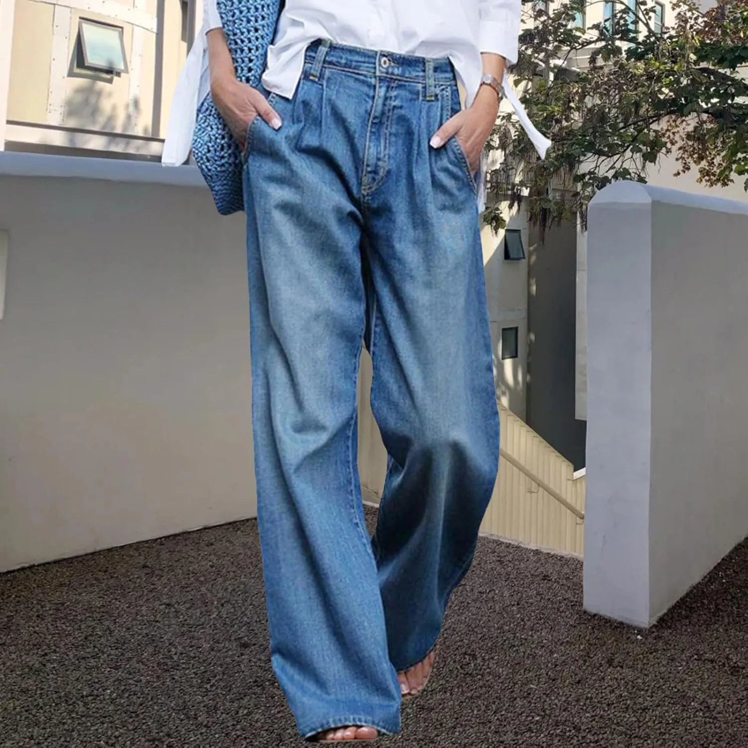 Kubbon Women Wide Leg Jeans Baggy High Waist Straight Leg Denim Pants Soft Comfy Boyfriend Pants Trousers with Pockets
