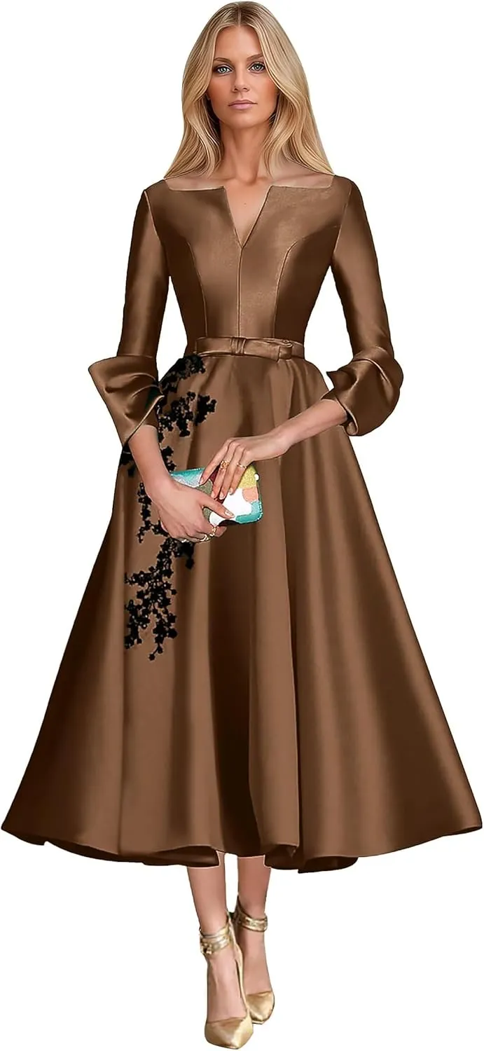 Lace Appliques A-Line Mother of The Bridesmaid Dresses 3/4 Sleeves Slit V-Neck Prom Wedding Party Gowns with Pockets DR0722