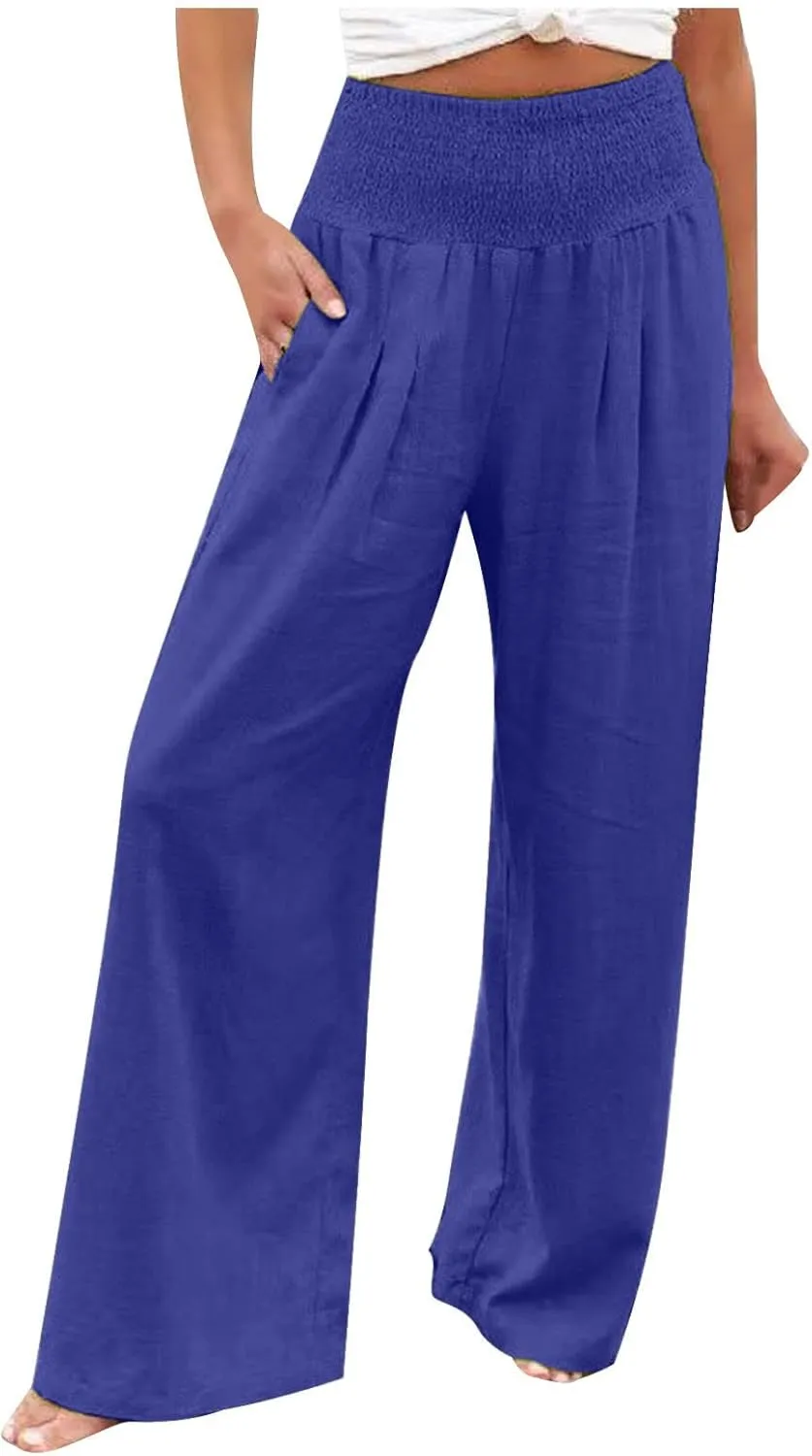 Lastesso Linen Pants Women High Waist Tummy Control Soft Palazzo Slacks Lightweight Basic Solid Summer Beach Boho Clothes
