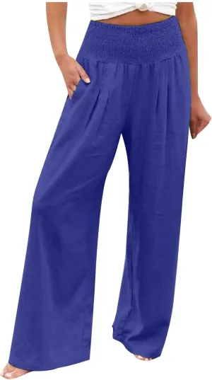 Lastesso Linen Pants Women High Waist Tummy Control Soft Palazzo Slacks Lightweight Basic Solid Summer Beach Boho Clothes