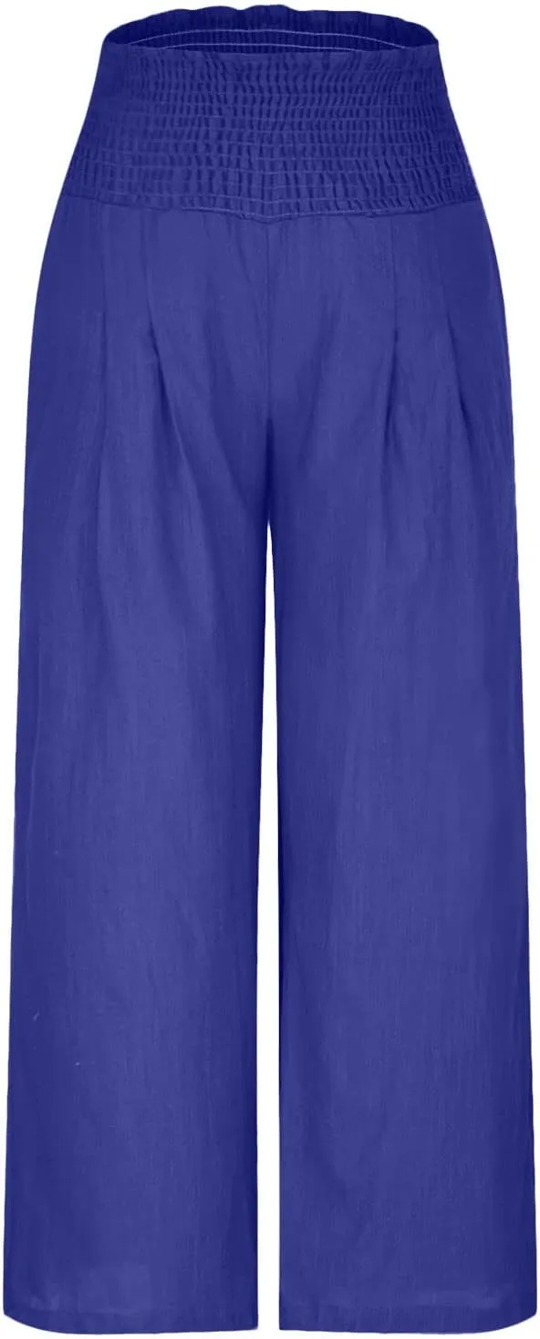 Lastesso Linen Pants Women High Waist Tummy Control Soft Palazzo Slacks Lightweight Basic Solid Summer Beach Boho Clothes