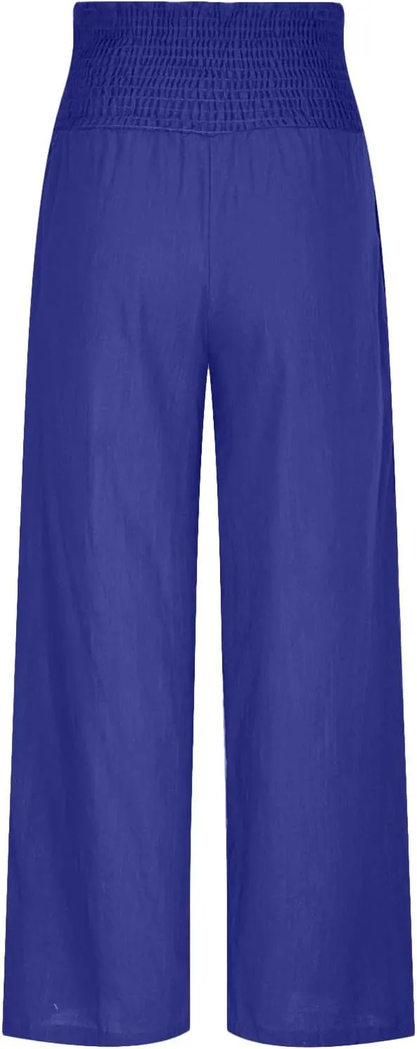 Lastesso Linen Pants Women High Waist Tummy Control Soft Palazzo Slacks Lightweight Basic Solid Summer Beach Boho Clothes