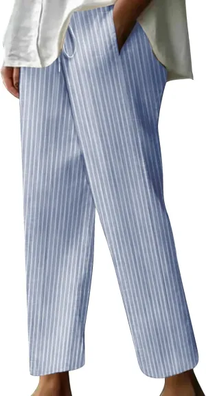 Lastesso Linen Pants Women Vertical Stripe High Waist Drawstring Trousers with Pockets Soft Color Block Summer Beach Clothes