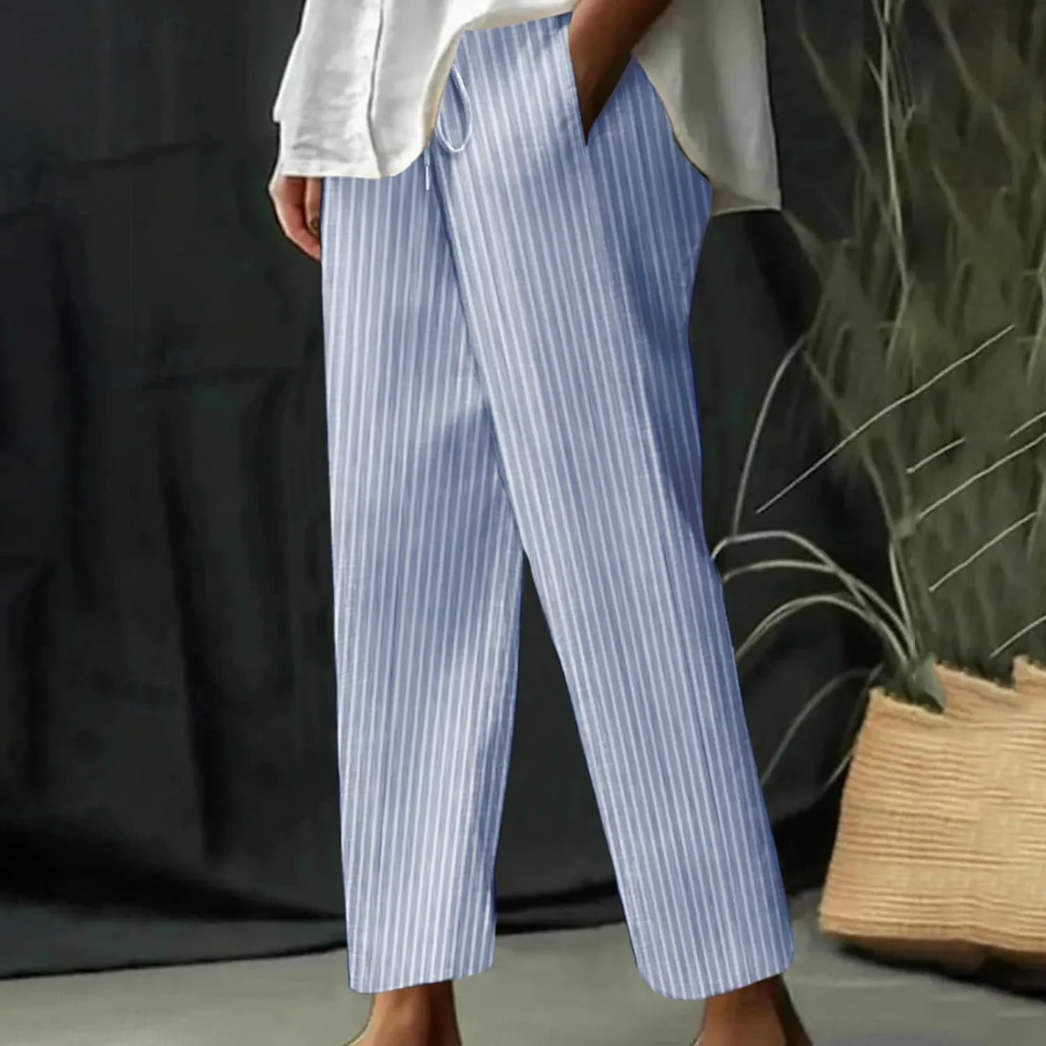 Lastesso Linen Pants Women Vertical Stripe High Waist Drawstring Trousers with Pockets Soft Color Block Summer Beach Clothes