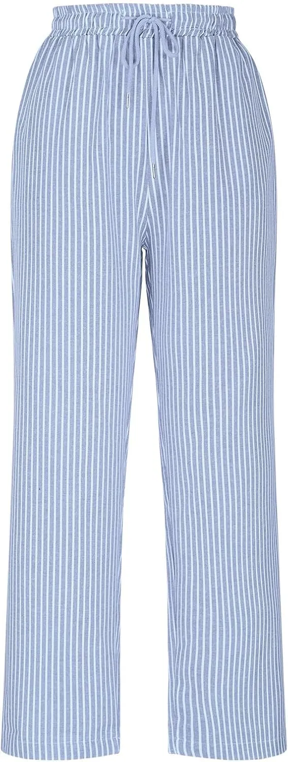 Lastesso Linen Pants Women Vertical Stripe High Waist Drawstring Trousers with Pockets Soft Color Block Summer Beach Clothes