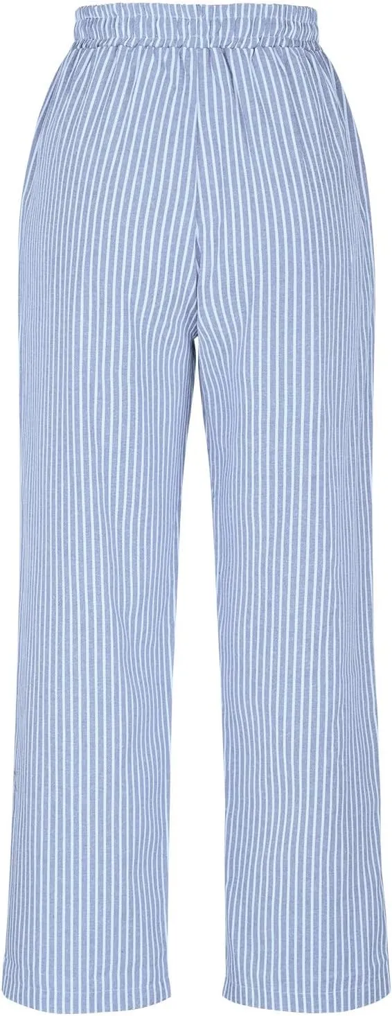 Lastesso Linen Pants Women Vertical Stripe High Waist Drawstring Trousers with Pockets Soft Color Block Summer Beach Clothes