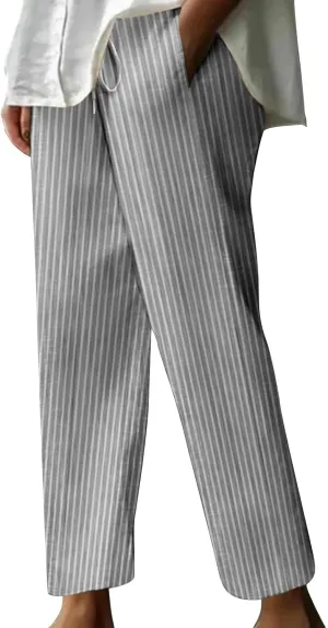 Lastesso Linen Pants Women Vertical Stripe High Waist Drawstring Trousers with Pockets Soft Color Block Summer Beach Clothes