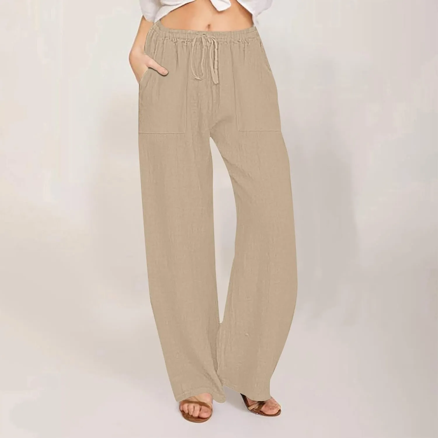 Lastesso Palazzo Pants for Women Casual Lightweight Linen Cotton Outfits with Pockets Soft High Waist Summer Lounge Trousers