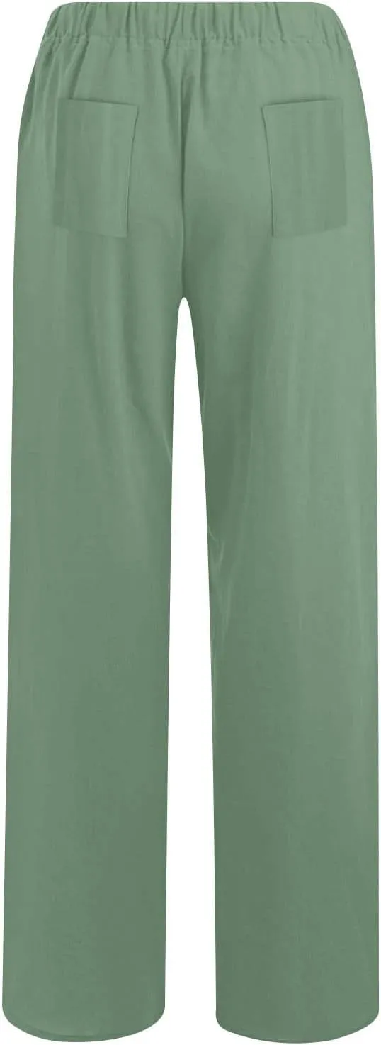 Lastesso Palazzo Pants for Women Casual Lightweight Linen Cotton Outfits with Pockets Soft High Waist Summer Lounge Trousers