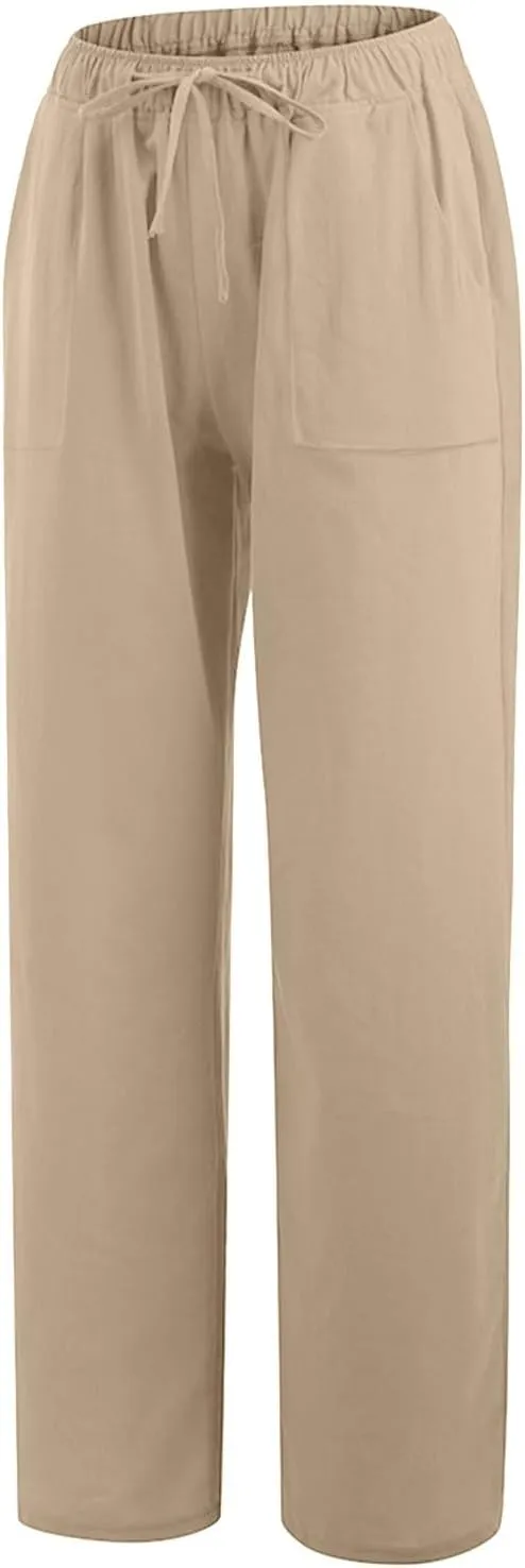 Lastesso Palazzo Pants for Women Casual Lightweight Linen Cotton Outfits with Pockets Soft High Waist Summer Lounge Trousers