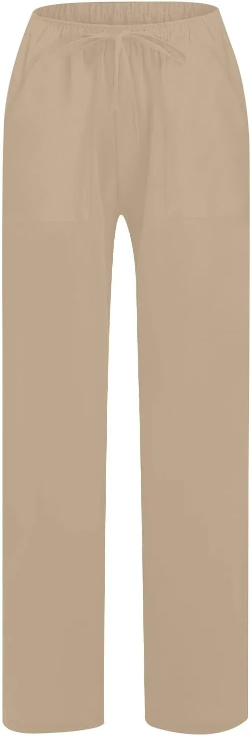 Lastesso Palazzo Pants for Women Casual Lightweight Linen Cotton Outfits with Pockets Soft High Waist Summer Lounge Trousers