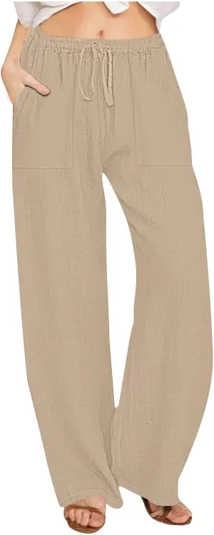 Lastesso Palazzo Pants for Women Casual Lightweight Linen Cotton Outfits with Pockets Soft High Waist Summer Lounge Trousers