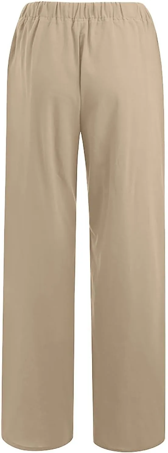 Lastesso Palazzo Pants for Women Casual Lightweight Linen Cotton Outfits with Pockets Soft High Waist Summer Lounge Trousers