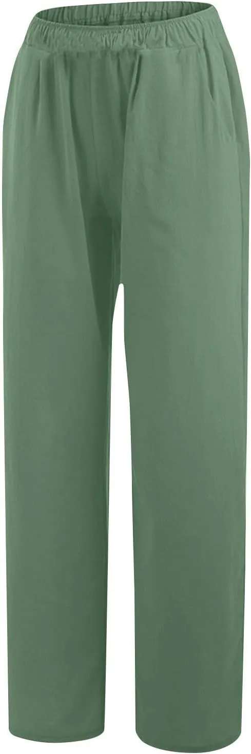 Lastesso Palazzo Pants for Women Casual Lightweight Linen Cotton Outfits with Pockets Soft High Waist Summer Lounge Trousers