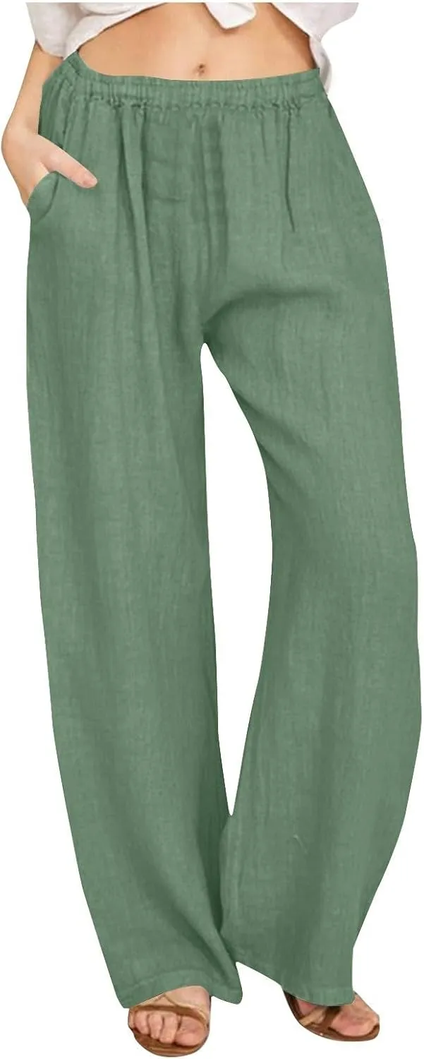 Lastesso Palazzo Pants for Women Casual Lightweight Linen Cotton Outfits with Pockets Soft High Waist Summer Lounge Trousers
