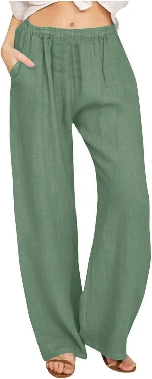Lastesso Palazzo Pants for Women Casual Lightweight Linen Cotton Outfits with Pockets Soft High Waist Summer Lounge Trousers