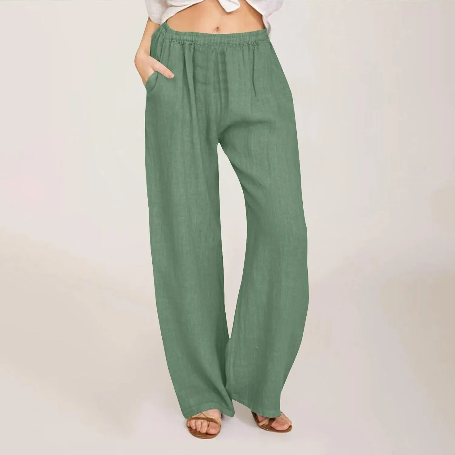 Lastesso Palazzo Pants for Women Casual Lightweight Linen Cotton Outfits with Pockets Soft High Waist Summer Lounge Trousers
