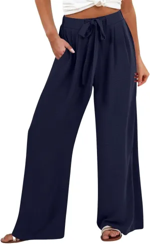 Lastesso Wide Leg Pants Woman Comfy High Waisted Lightweight Lounge Clothes with Pockets Soft Palazzo Flowy Summer Trousers