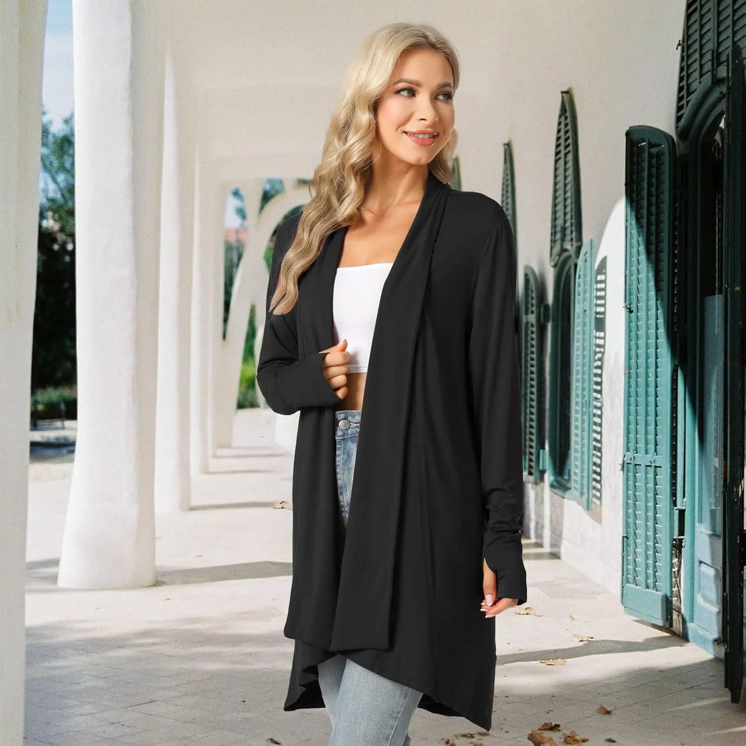 LazyCozy Women's Open-Front Long-Sleeve Cardigan Lightweight Draped Cardigan Sweaters Stretch Jersey Topper