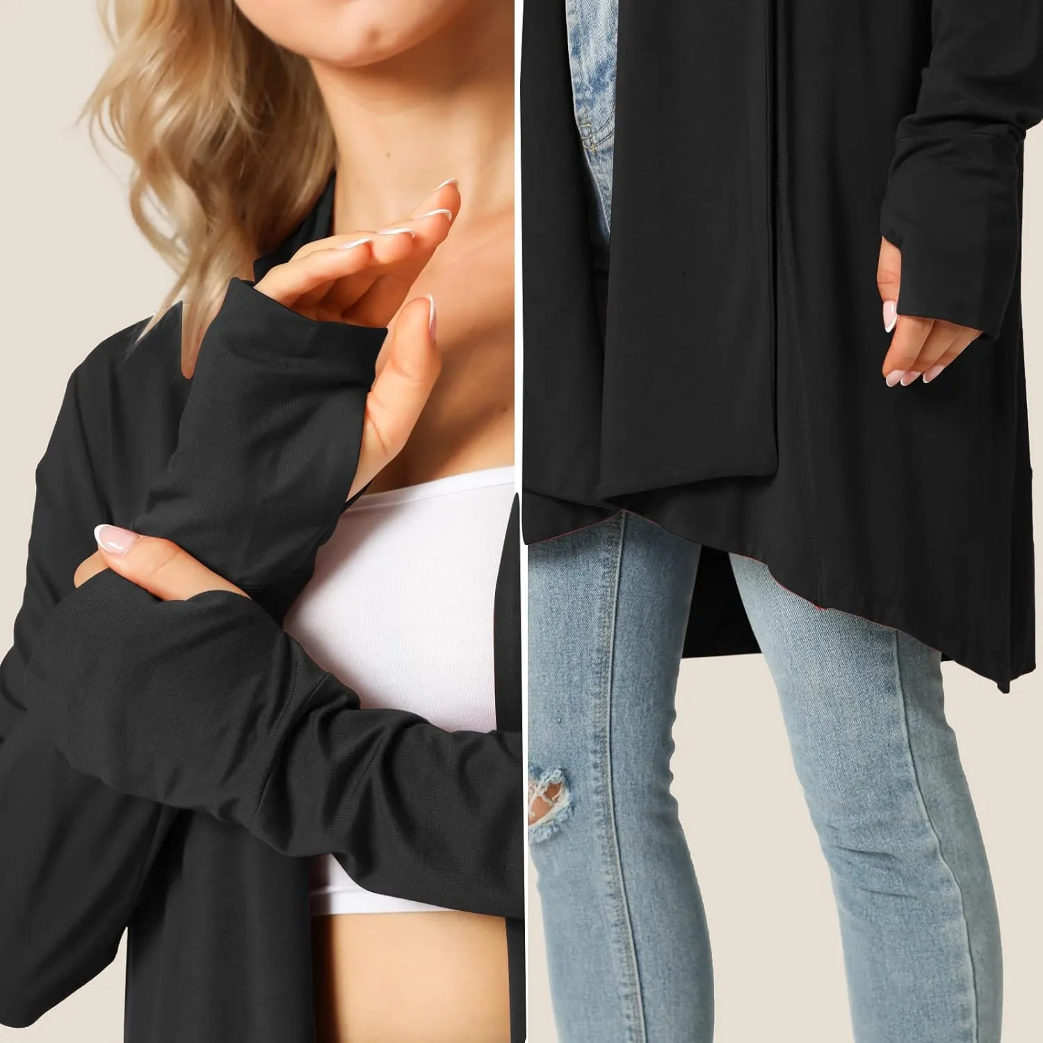 LazyCozy Women's Open-Front Long-Sleeve Cardigan Lightweight Draped Cardigan Sweaters Stretch Jersey Topper