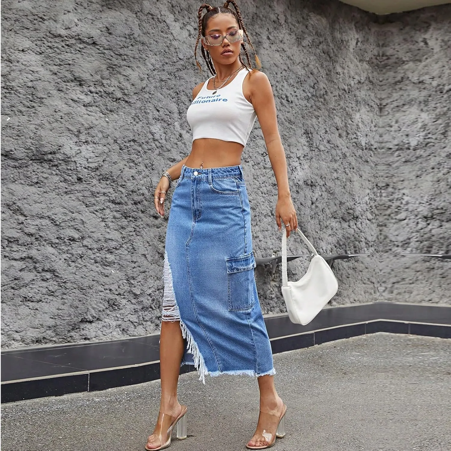 lcyhony Jean Skirts for Women Denim Y2k High Waist Frayed Long Skirts Casual Sexy Bodycon Side Slit Pencil Skirt with Pockets