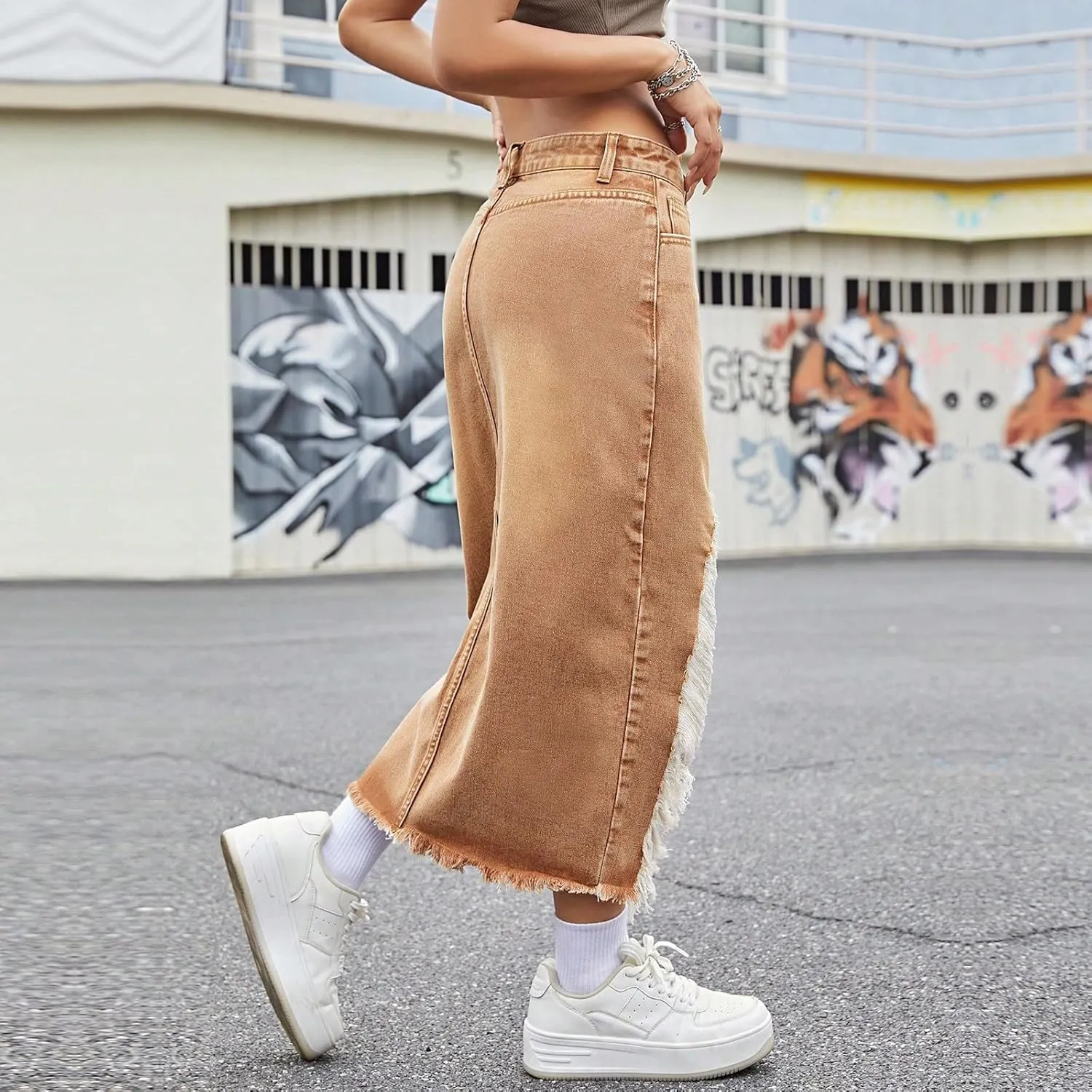 lcyhony Jean Skirts for Women Denim Y2k High Waist Frayed Long Skirts Casual Sexy Bodycon Side Slit Pencil Skirt with Pockets