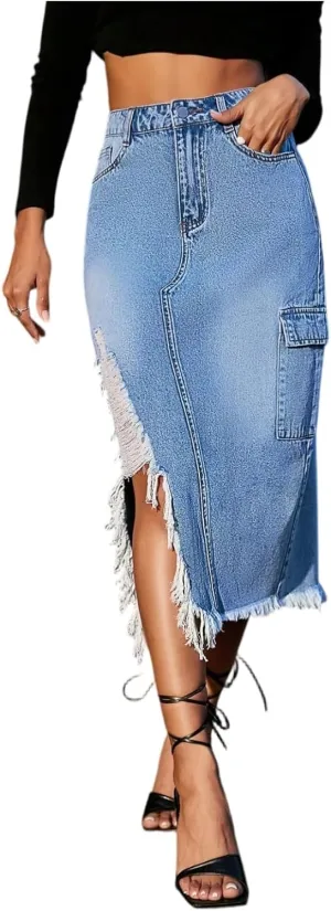 lcyhony Jean Skirts for Women Denim Y2k High Waist Frayed Long Skirts Casual Sexy Bodycon Side Slit Pencil Skirt with Pockets