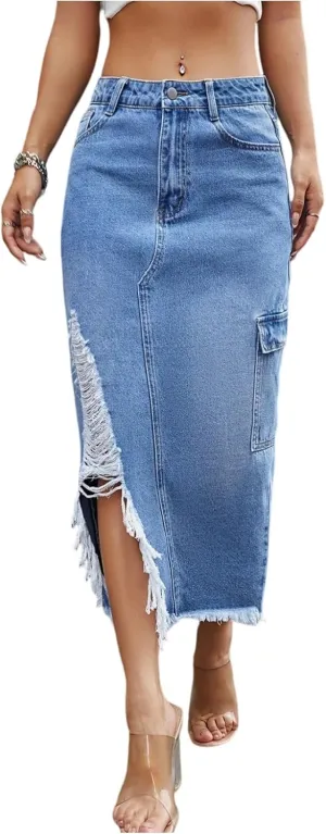 lcyhony Jean Skirts for Women Denim Y2k High Waist Frayed Long Skirts Casual Sexy Bodycon Side Slit Pencil Skirt with Pockets