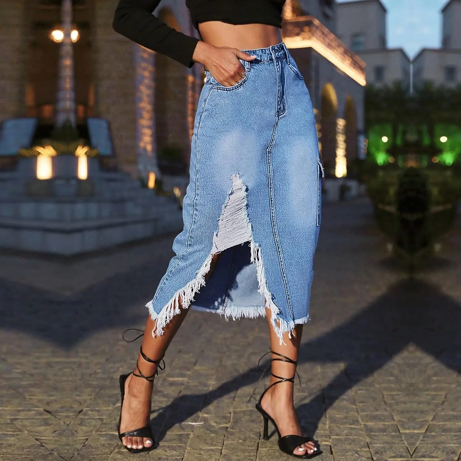 lcyhony Jean Skirts for Women Denim Y2k High Waist Frayed Long Skirts Casual Sexy Bodycon Side Slit Pencil Skirt with Pockets