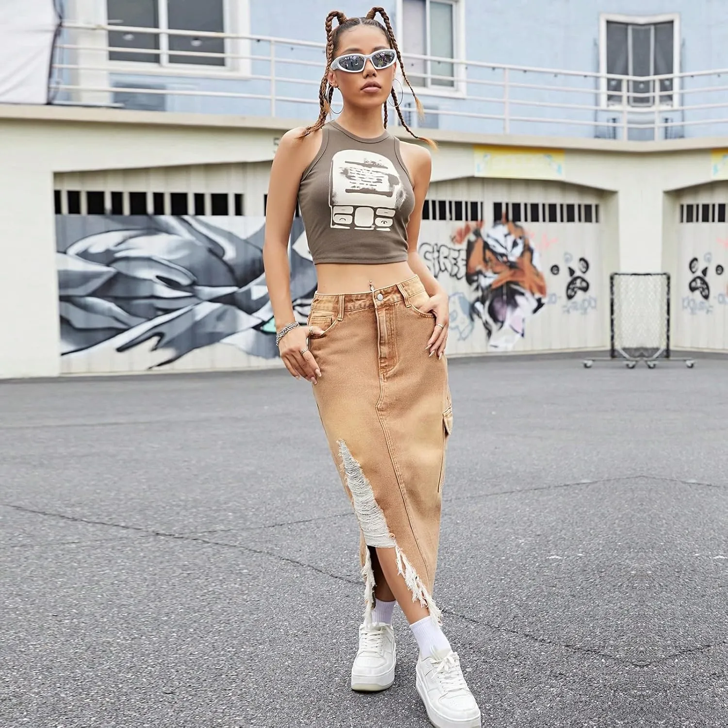 lcyhony Jean Skirts for Women Denim Y2k High Waist Frayed Long Skirts Casual Sexy Bodycon Side Slit Pencil Skirt with Pockets