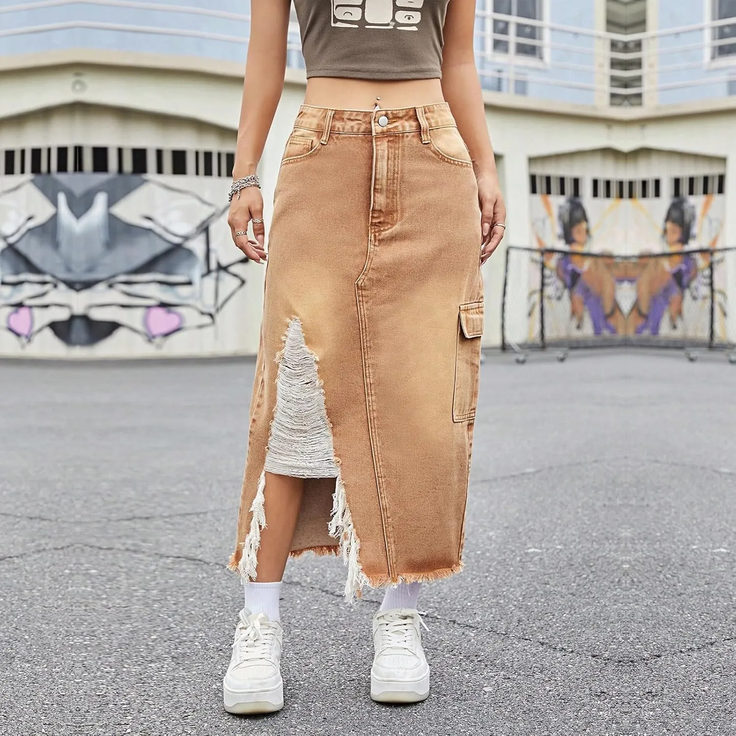 lcyhony Jean Skirts for Women Denim Y2k High Waist Frayed Long Skirts Casual Sexy Bodycon Side Slit Pencil Skirt with Pockets