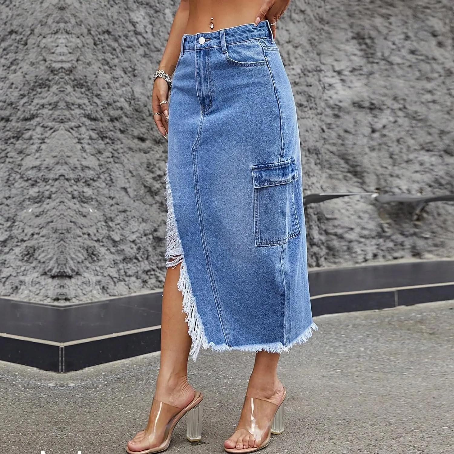 lcyhony Jean Skirts for Women Denim Y2k High Waist Frayed Long Skirts Casual Sexy Bodycon Side Slit Pencil Skirt with Pockets