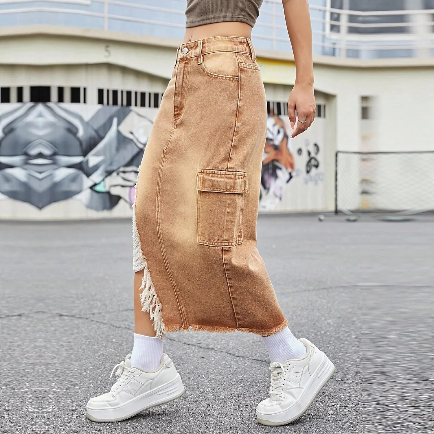 lcyhony Jean Skirts for Women Denim Y2k High Waist Frayed Long Skirts Casual Sexy Bodycon Side Slit Pencil Skirt with Pockets