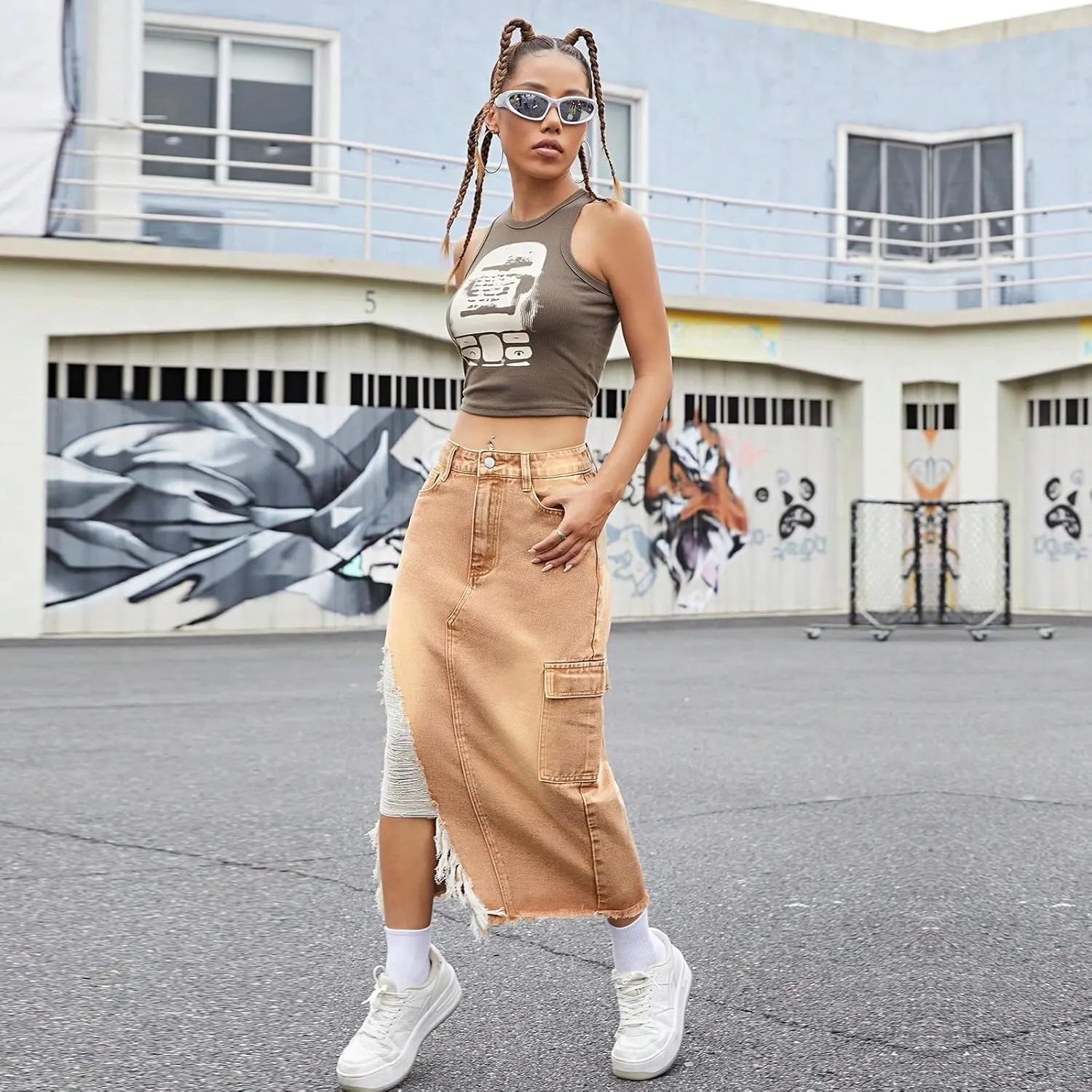 lcyhony Jean Skirts for Women Denim Y2k High Waist Frayed Long Skirts Casual Sexy Bodycon Side Slit Pencil Skirt with Pockets