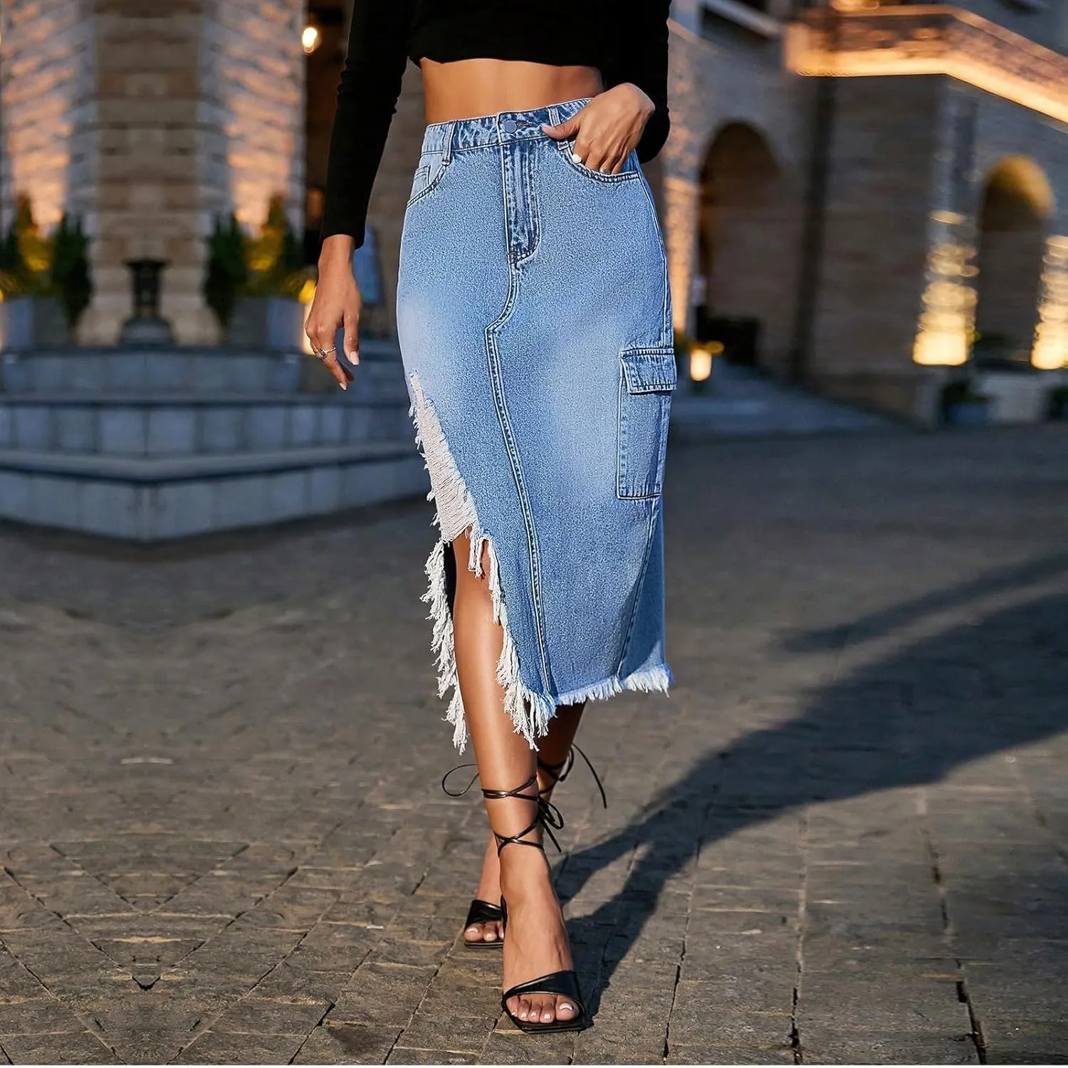 lcyhony Jean Skirts for Women Denim Y2k High Waist Frayed Long Skirts Casual Sexy Bodycon Side Slit Pencil Skirt with Pockets