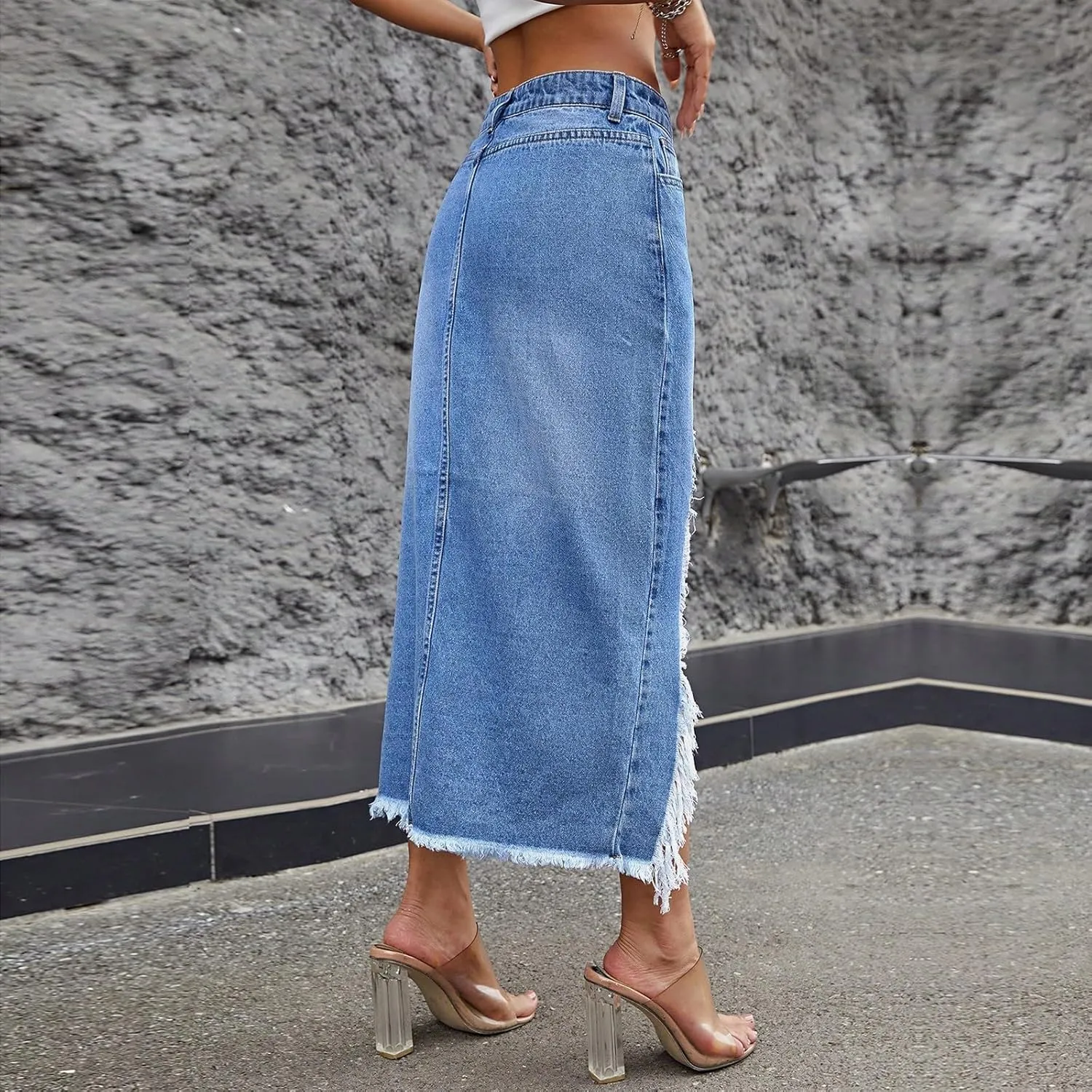 lcyhony Jean Skirts for Women Denim Y2k High Waist Frayed Long Skirts Casual Sexy Bodycon Side Slit Pencil Skirt with Pockets