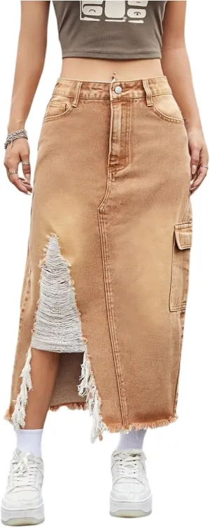 lcyhony Jean Skirts for Women Denim Y2k High Waist Frayed Long Skirts Casual Sexy Bodycon Side Slit Pencil Skirt with Pockets