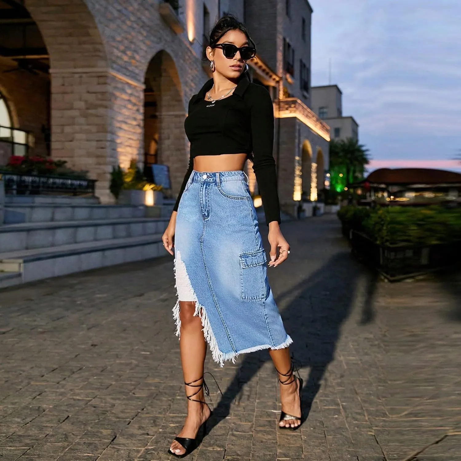 lcyhony Jean Skirts for Women Denim Y2k High Waist Frayed Long Skirts Casual Sexy Bodycon Side Slit Pencil Skirt with Pockets
