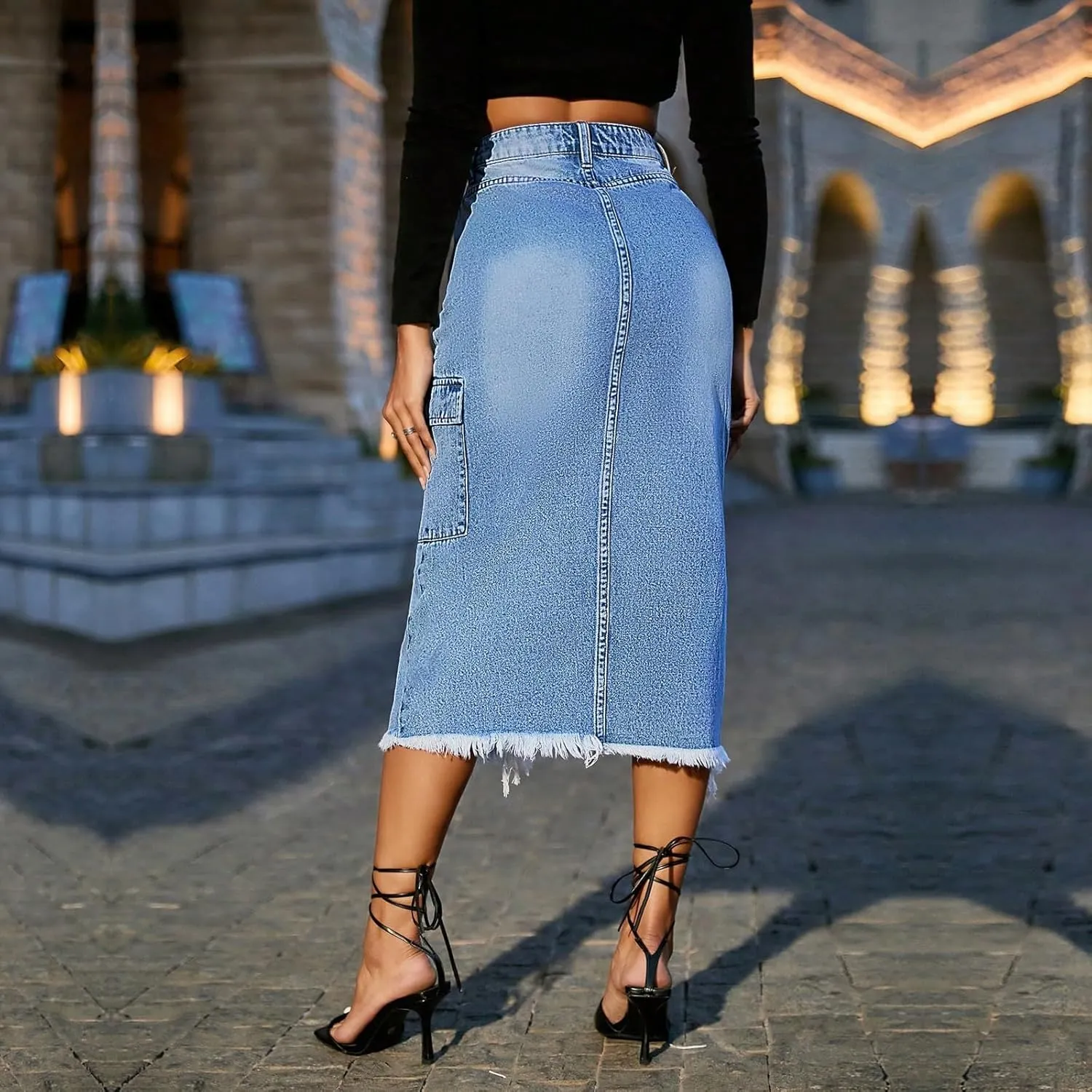 lcyhony Jean Skirts for Women Denim Y2k High Waist Frayed Long Skirts Casual Sexy Bodycon Side Slit Pencil Skirt with Pockets