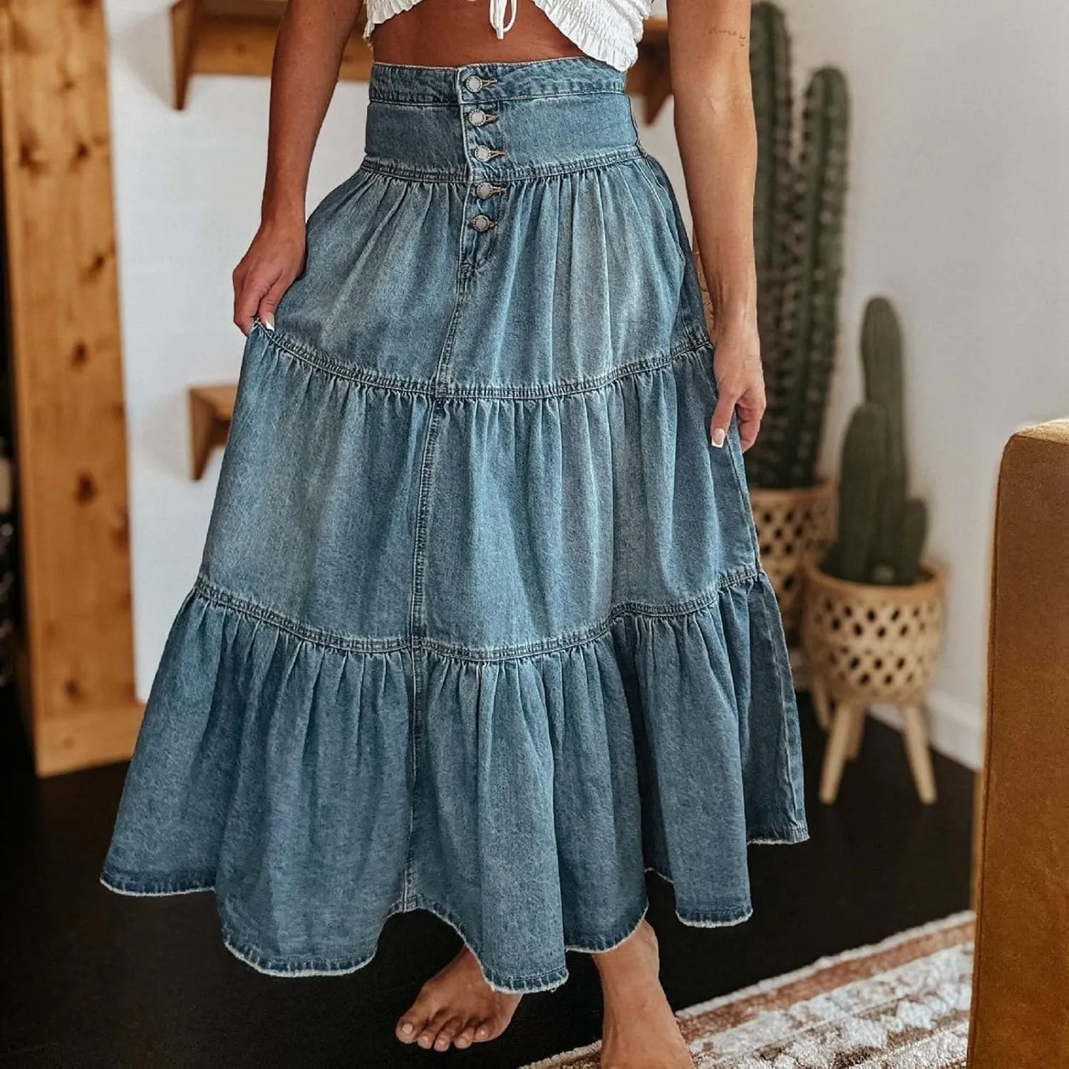 lcyhony Long Denim Skirt Women Flowy Tiered Button Down High Waisted Jean Skirt Loose Casual Summer Maxi Skirts with Pockets