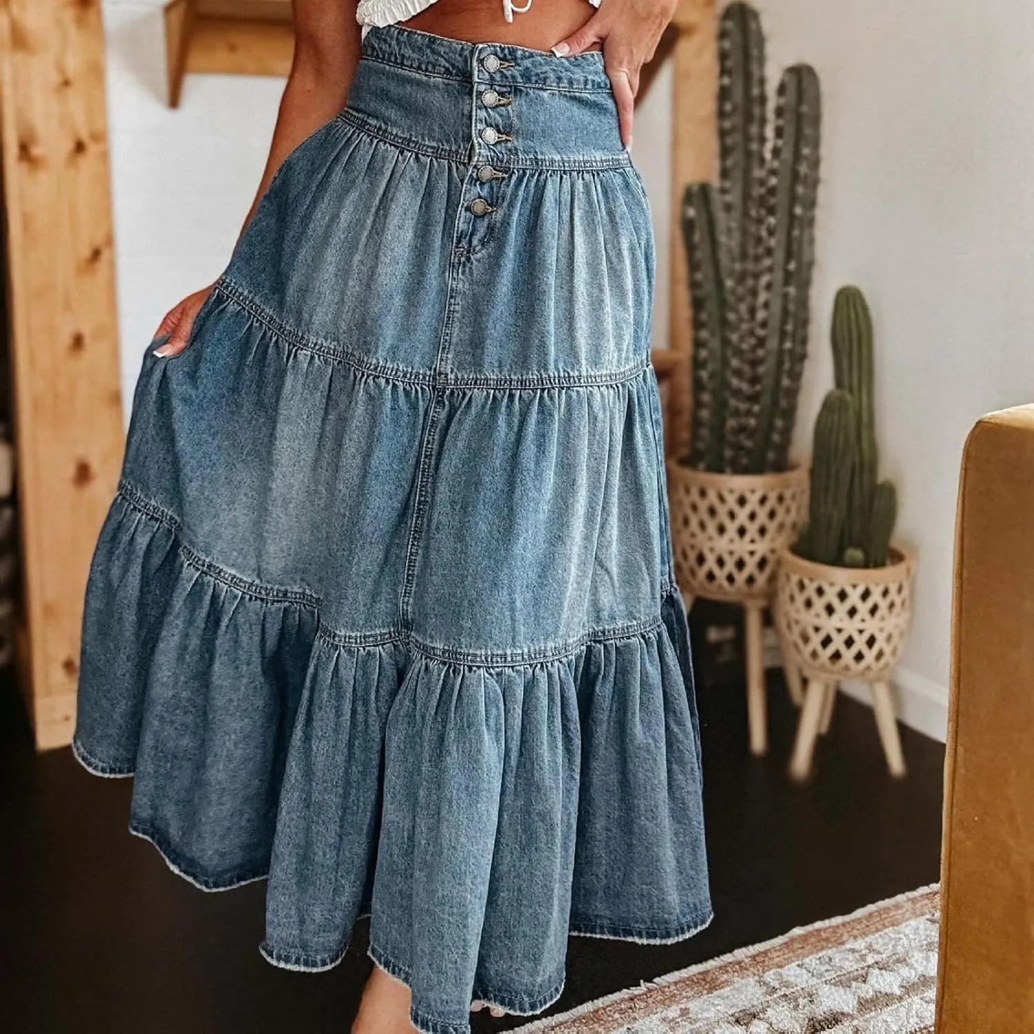 lcyhony Long Denim Skirt Women Flowy Tiered Button Down High Waisted Jean Skirt Loose Casual Summer Maxi Skirts with Pockets