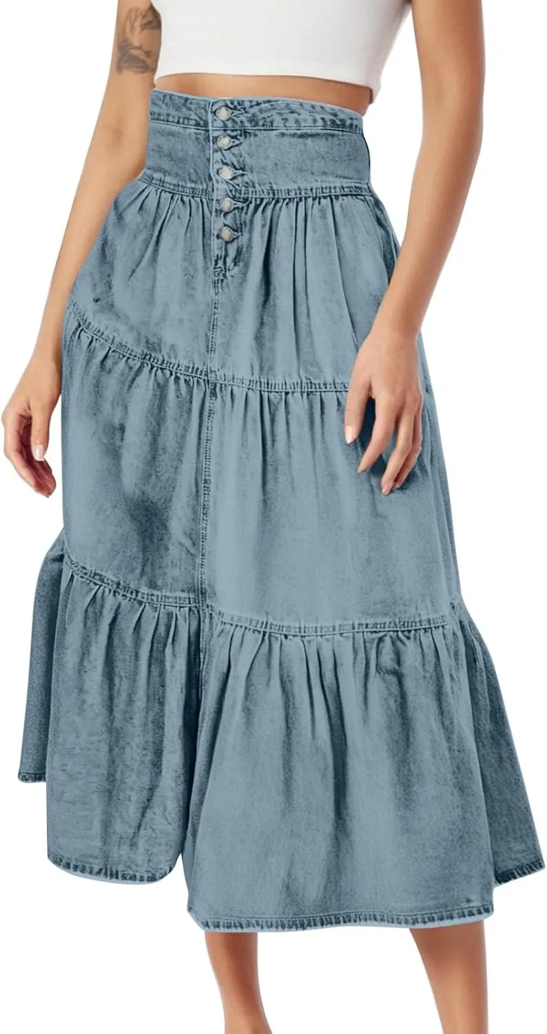 lcyhony Long Denim Skirt Women Flowy Tiered Button Down High Waisted Jean Skirt Loose Casual Summer Maxi Skirts with Pockets
