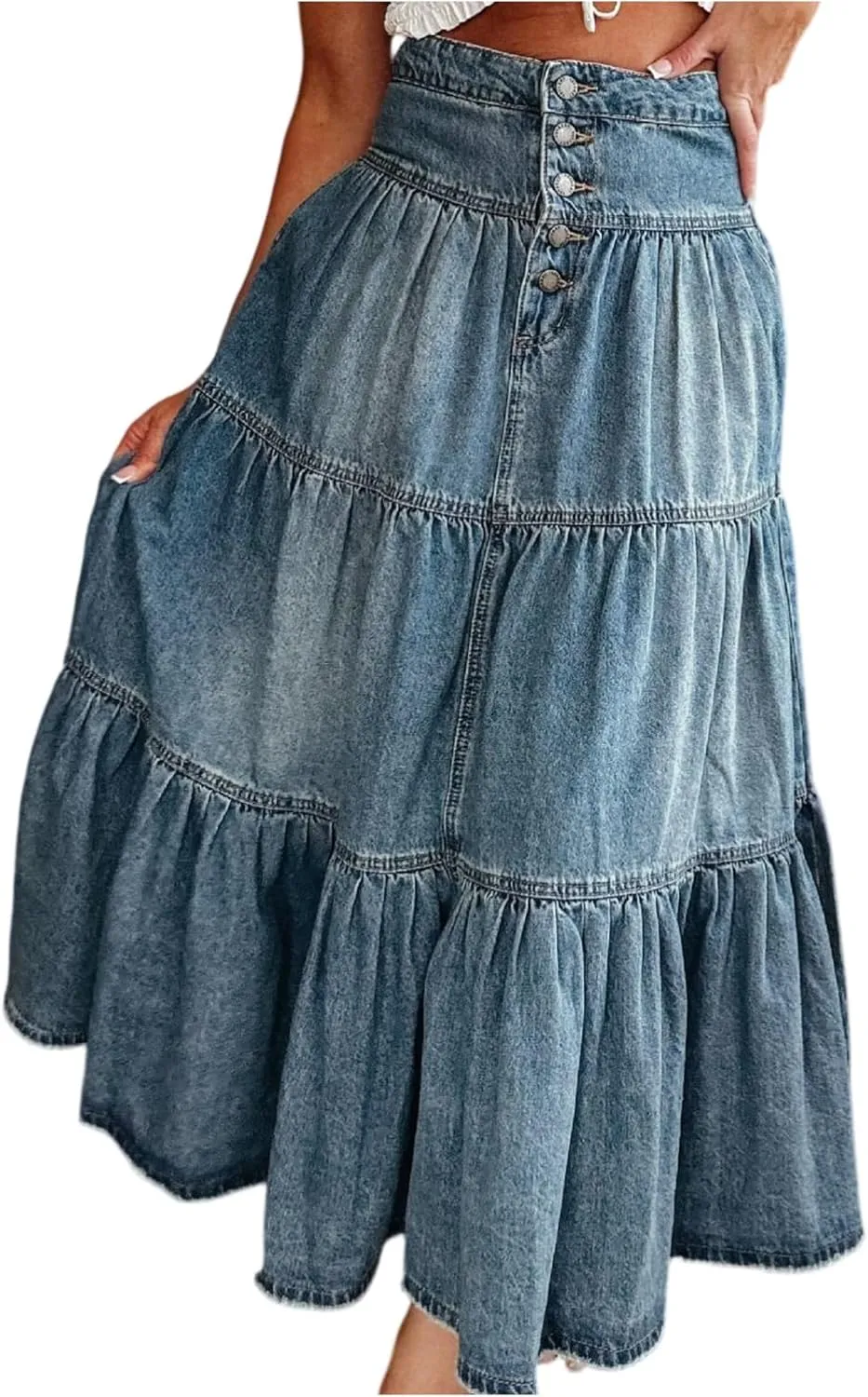 lcyhony Long Denim Skirt Women Flowy Tiered Button Down High Waisted Jean Skirt Loose Casual Summer Maxi Skirts with Pockets