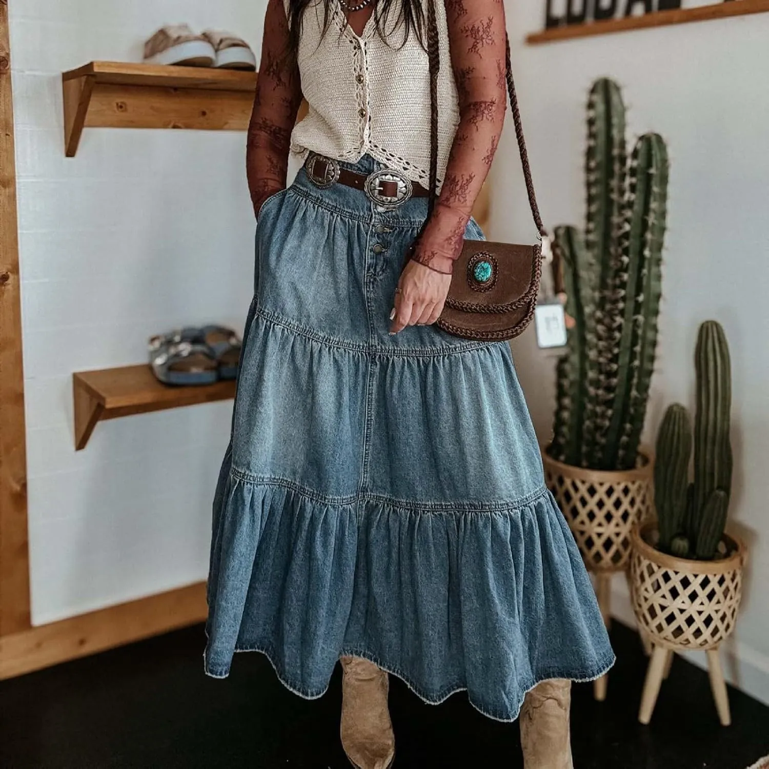 lcyhony Long Denim Skirt Women Flowy Tiered Button Down High Waisted Jean Skirt Loose Casual Summer Maxi Skirts with Pockets