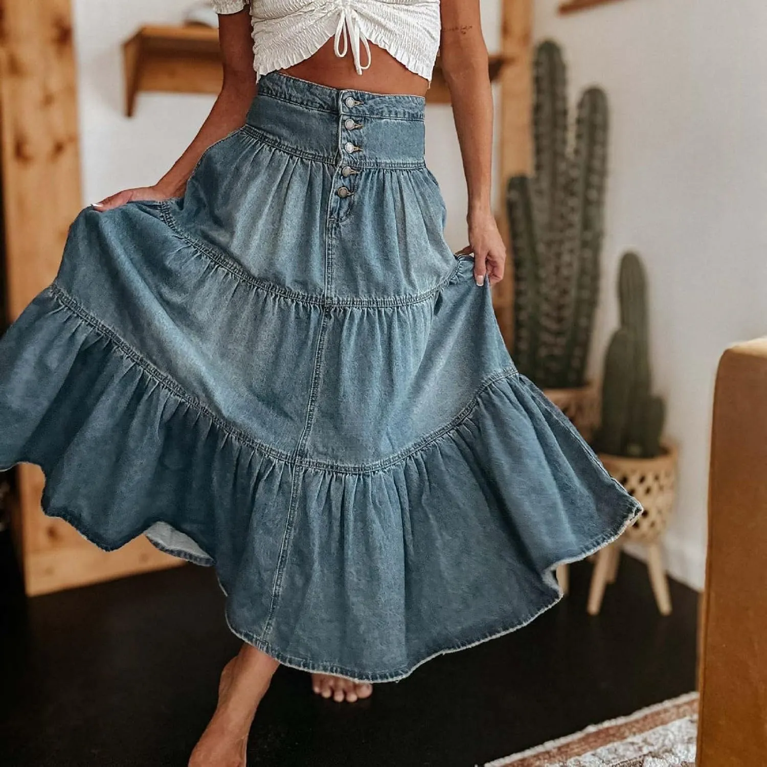 lcyhony Long Denim Skirt Women Flowy Tiered Button Down High Waisted Jean Skirt Loose Casual Summer Maxi Skirts with Pockets