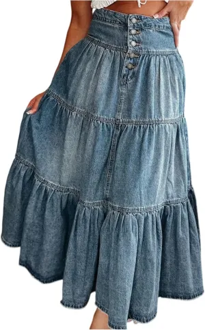 lcyhony Long Denim Skirt Women Flowy Tiered Button Down High Waisted Jean Skirt Loose Casual Summer Maxi Skirts with Pockets
