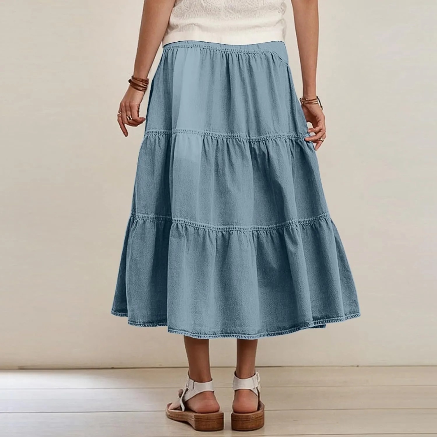 lcyhony Long Denim Skirt Women Flowy Tiered Button Down High Waisted Jean Skirt Loose Casual Summer Maxi Skirts with Pockets