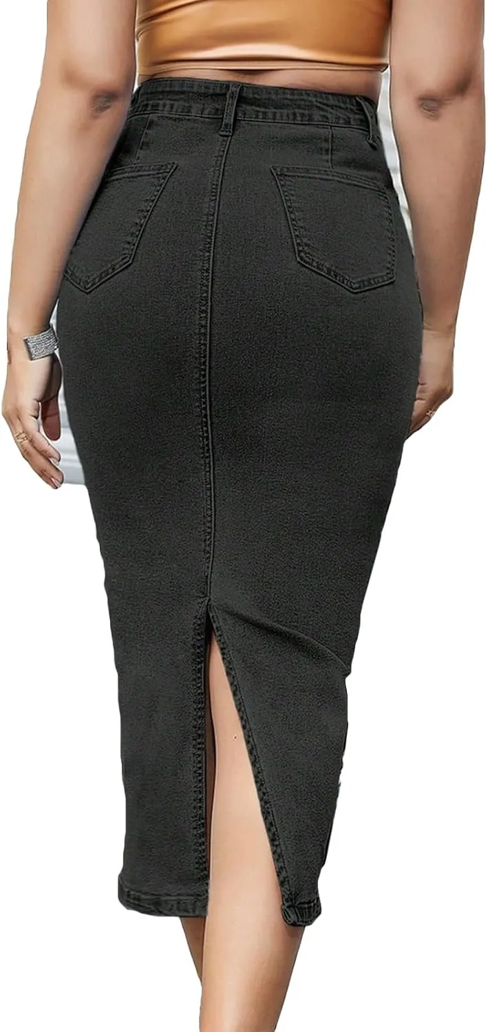 lcyhony Long Denim Skirts for Women Stretchy High Waist Tummy Control Jean Skirt Bodycon Back Slit Pencil Skirt with Pockets